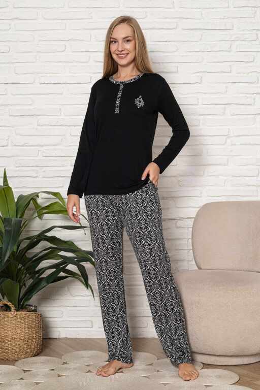 Kadın Pijama Takımı - Siyah Etnik Desen Uzun Kol Likralı Kumaş 2921UY - Alimer