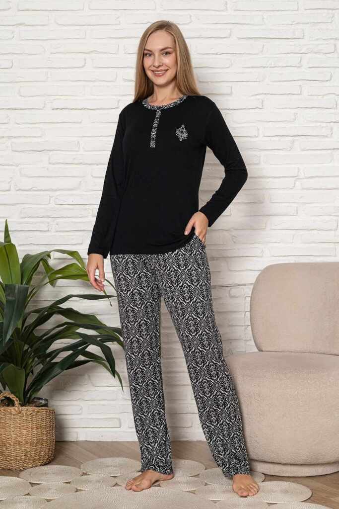 Kadın Pijama Takımı - Siyah Etnik Desen Uzun Kol Likralı Kumaş 2921UY - 1