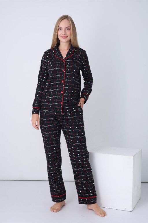 Kadın Pijama Takımı - Siyah Love Önden Düğmeli Uzun Kollu Penye 2926UY - Alimer (1)