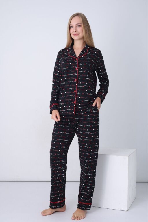 Kadın Pijama Takımı - Siyah Love Önden Düğmeli Uzun Kollu Penye 2926UY - Alimer