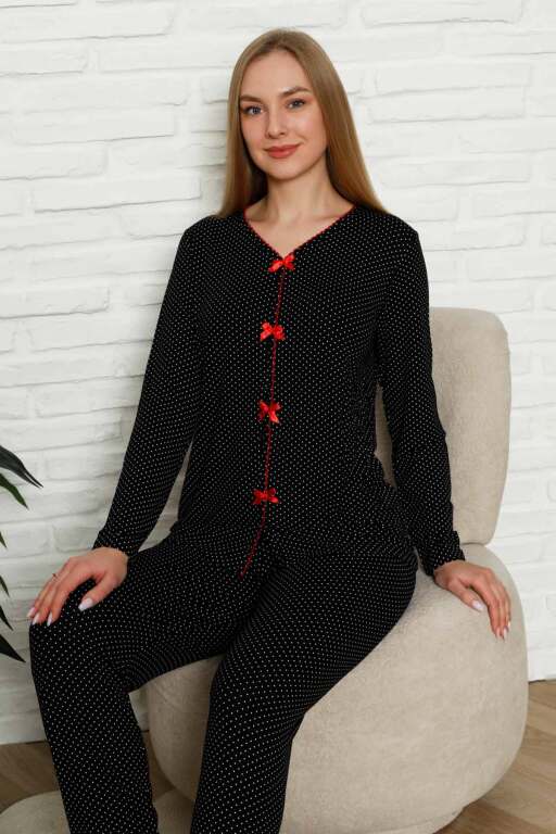 Kadın Pijama Takımı - Siyah Puantiyeli Önden Düğmeli Uzun Kollu Likralı 2828UY - Alimer (1)