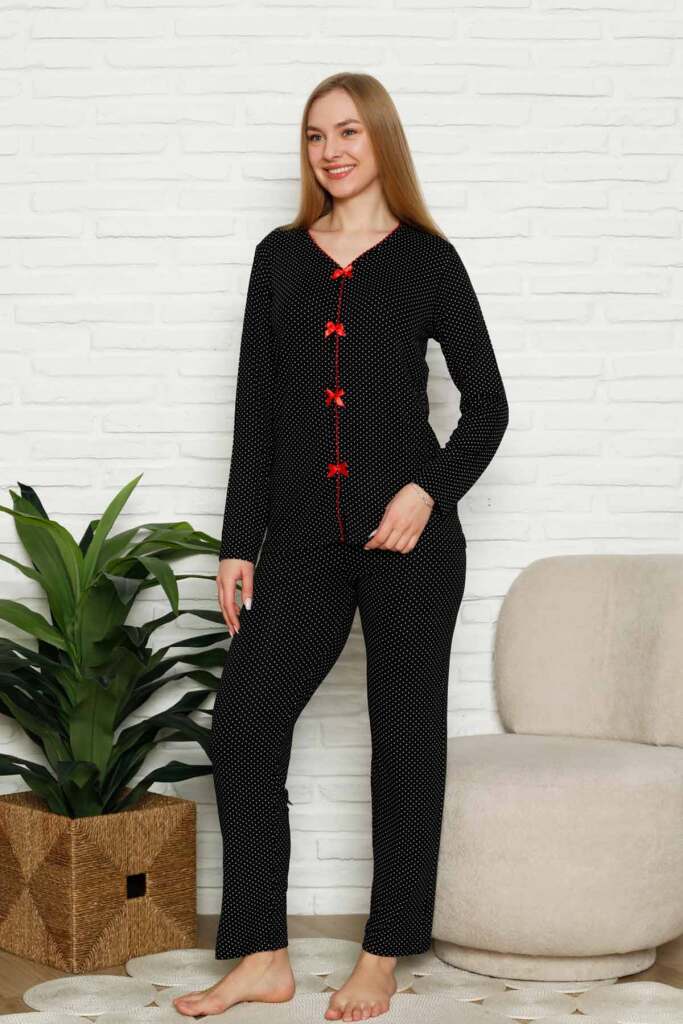 Kadın Pijama Takımı - Siyah Puantiyeli Önden Düğmeli Uzun Kollu Likralı 2828UY - 3
