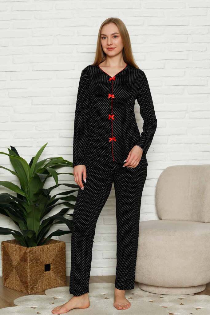 Kadın Pijama Takımı - Siyah Puantiyeli Önden Düğmeli Uzun Kollu Likralı 2828UY - 4