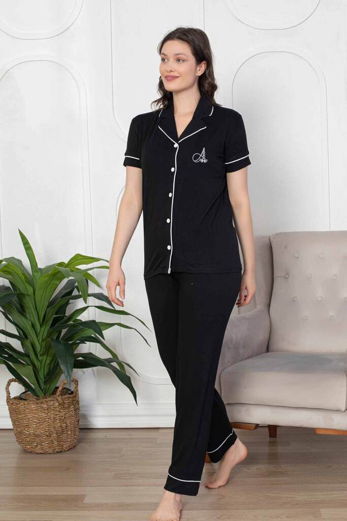 Kadın Pijama Takımı - Siyah Önden Düğmeli Kısa Kollu Likralı Viskon 2782KY - 2