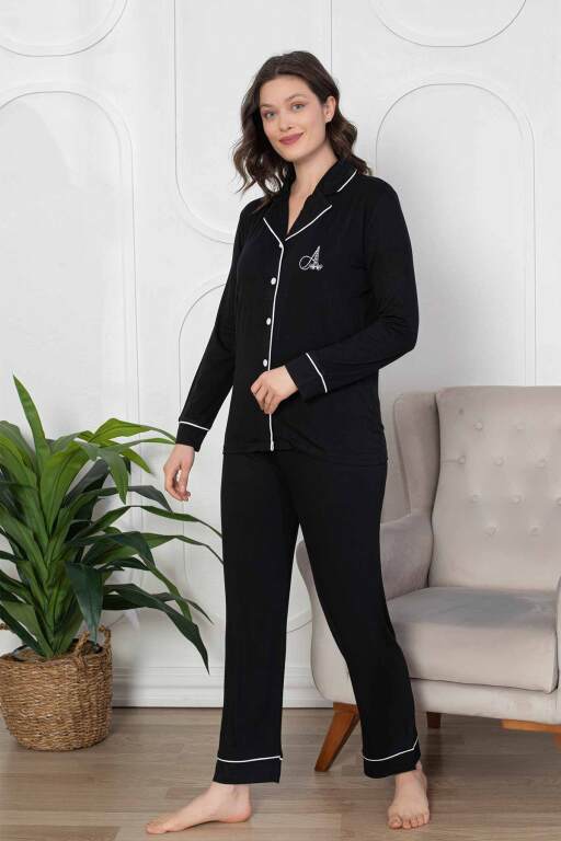 Kadın Pijama Takımı - Siyah Önden Düğmeli Uzun Kollu Likralı Viskon 2782UY - Alimer (1)