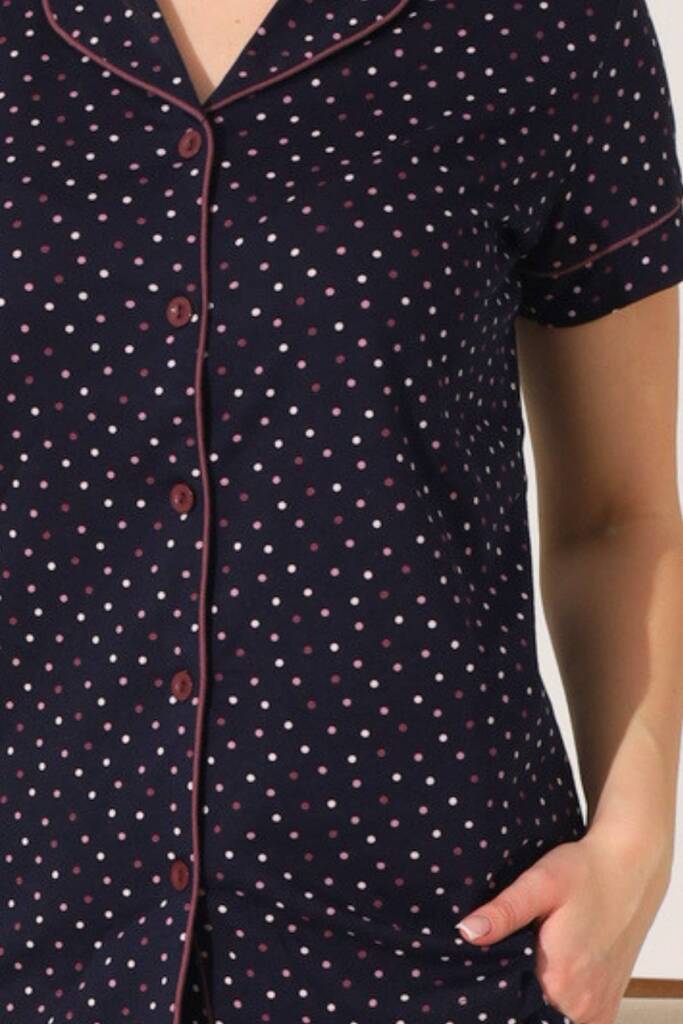 Kadın Pijama Takımı - Siyah Puantiyeli Önden Düğmeli Kısa Kollu Penye 2903KY - 2