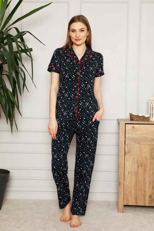 Kadın Pijama Takımı - Yıldız Desenli Önden Düğmeli Kısa Kollu Penye 2536KY - Alimer