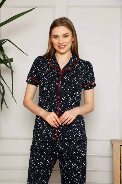 Kadın Pijama Takımı - Yıldız Desenli Önden Düğmeli Kısa Kollu Penye 2536KY - Alimer (1)
