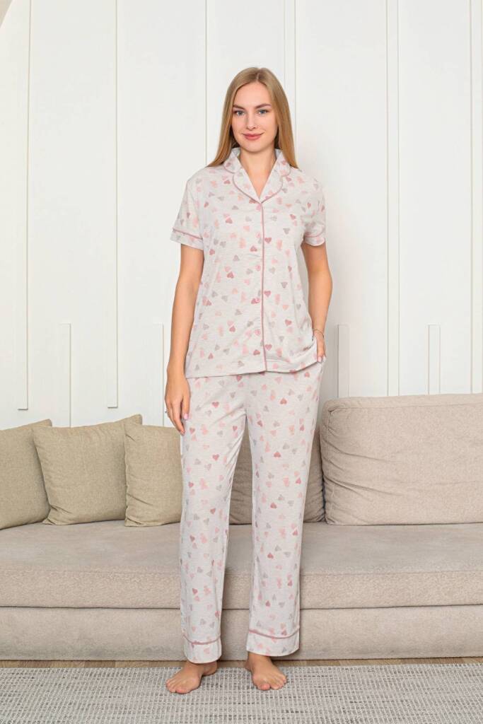 Kalp Desenli Kadın Pijama Takımı - Önden Düğmeli Likralı Kısa Kollu 2868KY - 1