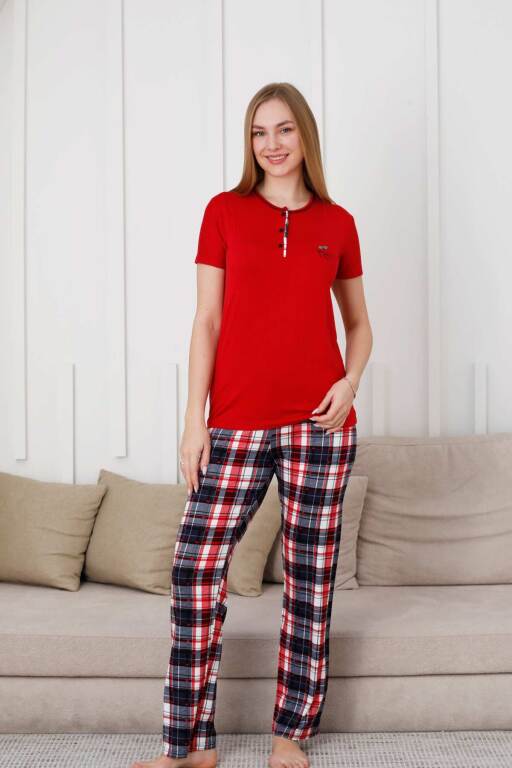 Kareli Kadın Pijama Takımı - 3 Düğme Kısa Kol Likralı Viskon 2848KY - Alimer