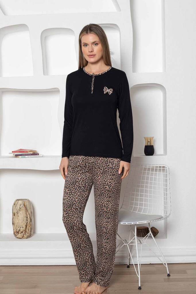 Leopar desenli Kadın Pijama Takımı - Fiyonk Nakışlı Likralı 2805UY - 3