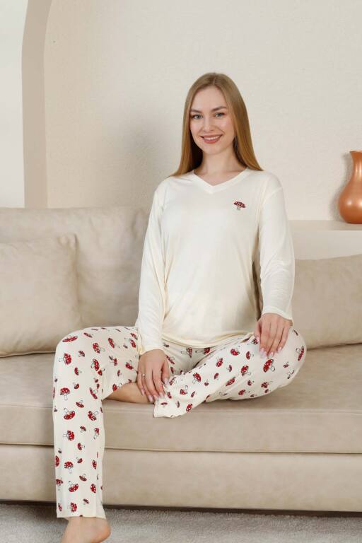 Mantar Desenli Kadın Pijama Takımı - Ekru V Yaka Likralı Viskon Uzun Kollu 2847UY - Alimer (1)