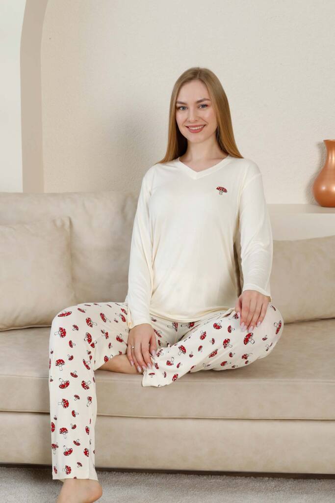 Mantar Desenli Kadın Pijama Takımı - Ekru V Yaka Likralı Viskon Uzun Kollu 2847UY - 2