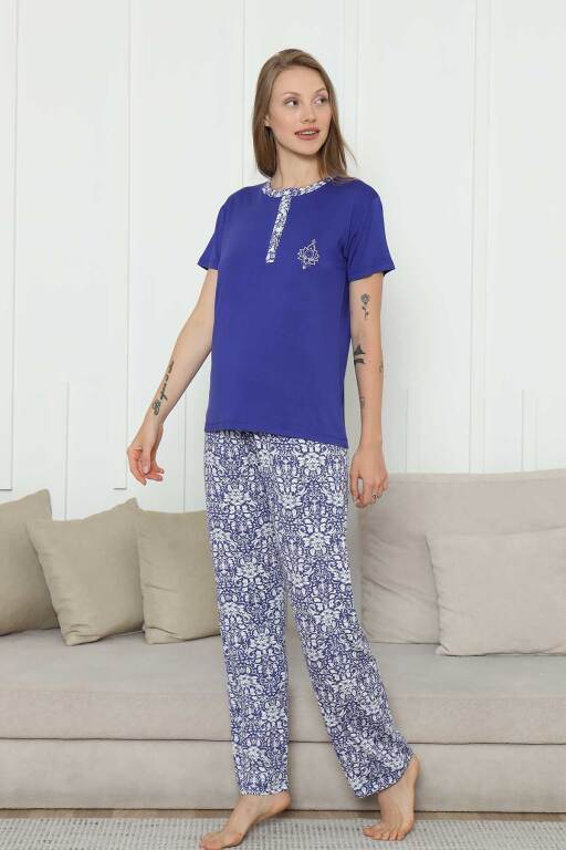 Nakışlı Kadın Pijama Takımı -Saks Mavi Etnik Desenli Kısa Kol Likralı Rink Viskon 2865KY - 3