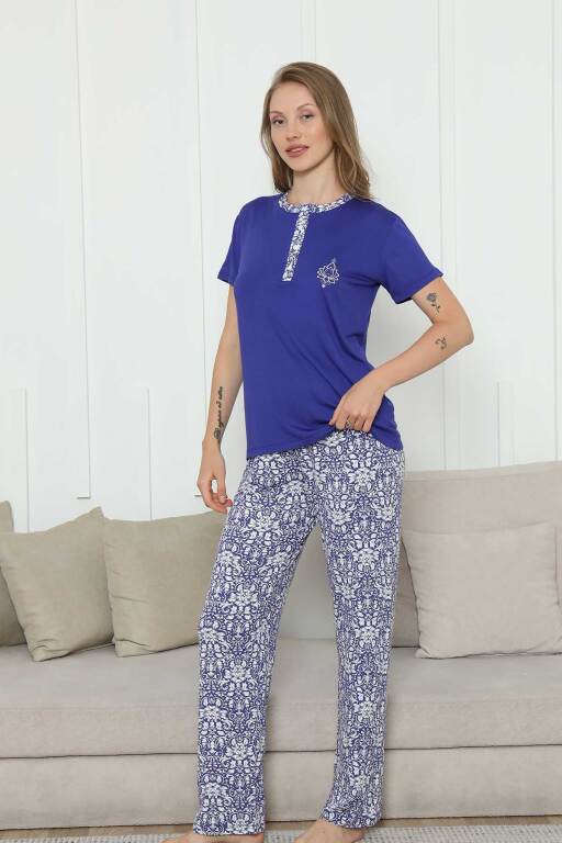Nakışlı Kadın Pijama Takımı -Saks Mavi Etnik Desenli Kısa Kol Likralı Rink Viskon 2865KY - Alimer