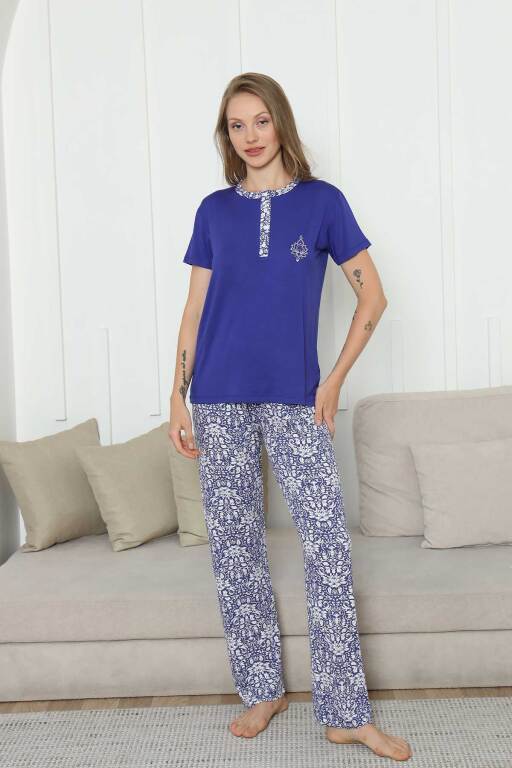 Nakışlı Kadın Pijama Takımı -Saks Mavi Etnik Desenli Kısa Kol Likralı Rink Viskon 2865KY - 4