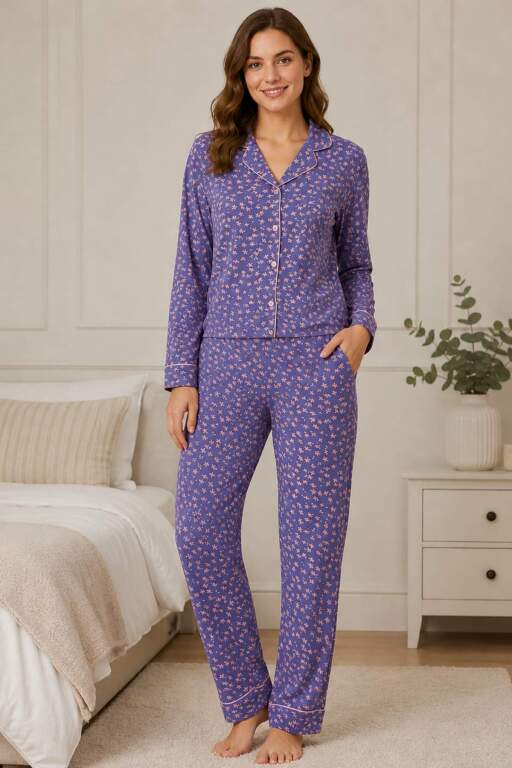 Önden Düğmeli Kadın Pijama Takımı - Lavanta Çiçekli Likralı Rink Viskon 2895UY - Alimer