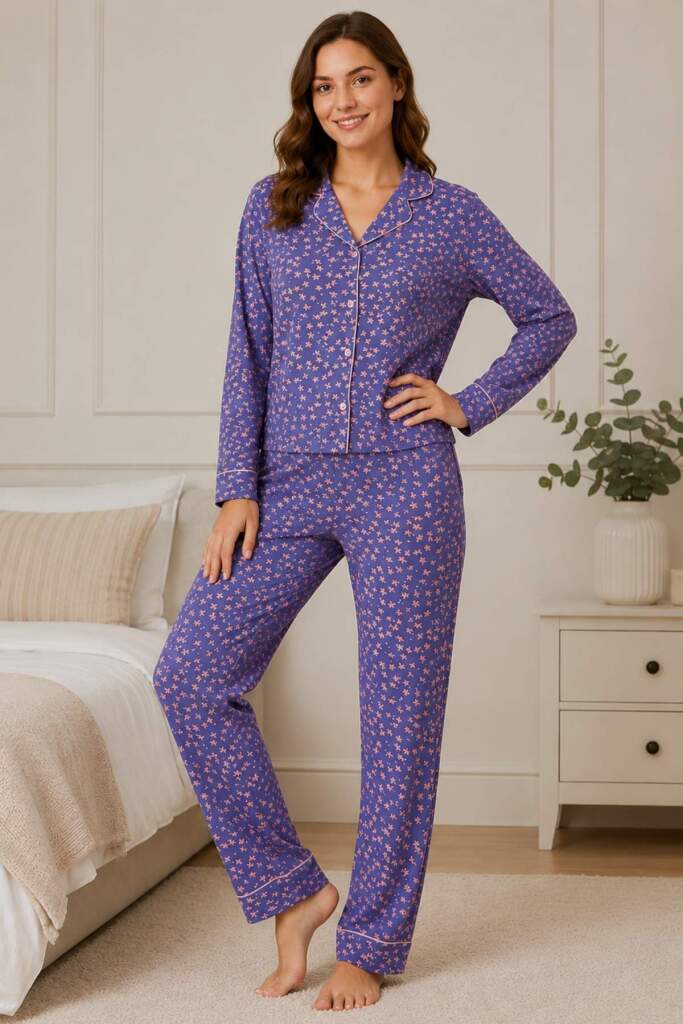 Önden Düğmeli Kadın Pijama Takımı - Lavanta Çiçekli Likralı Rink Viskon 2895UY - 3