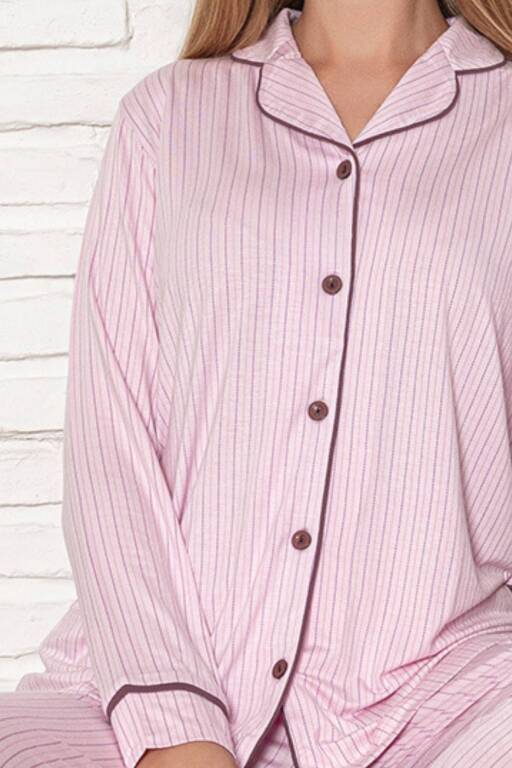 Önden Düğmeli Kadın Pijama Takımı - Pembe Çizgili Desenli Uzun Kol Likralı Rink Viskon 2507UY - Alimer (1)