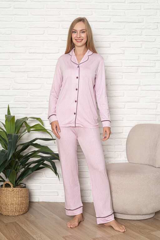Önden Düğmeli Kadın Pijama Takımı - Pembe Çizgili Desenli Uzun Kol Likralı Rink Viskon 2507UY - Alimer