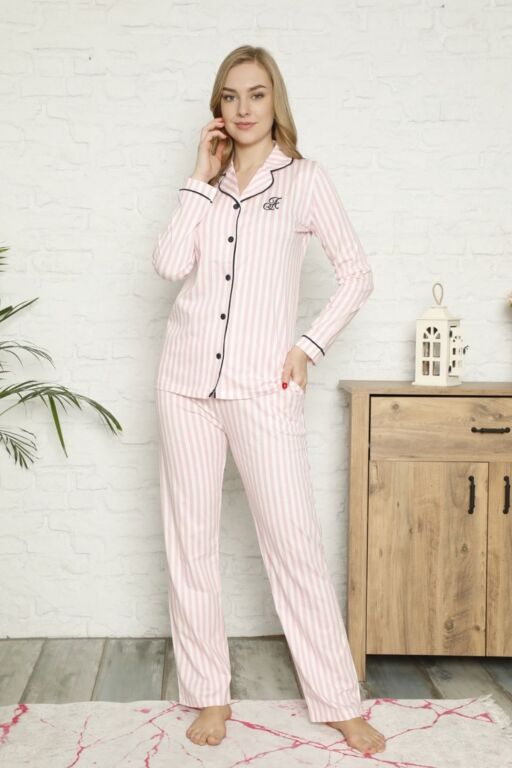 Önden Düğmeli Kadın Pijama Takımı - Pembe Çizgili Uzun Kol %100 Ramuk 2568UY - Alimer