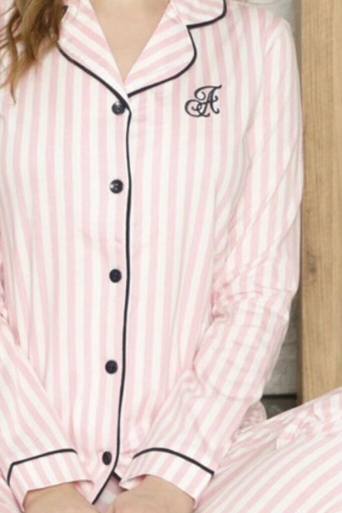 Önden Düğmeli Kadın Pijama Takımı - Pembe Çizgili Uzun Kol %100 Ramuk 2568UY - 2