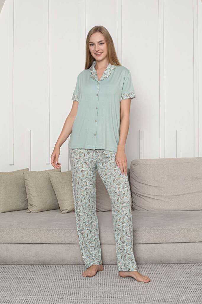 Önden Düğmeli Kadın Pijama Takımı - Su Yeşili Kisa Kol Likralı Rink Viskon 2872KY - 3