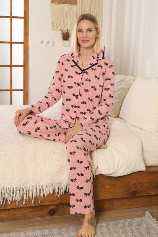 Önden Düğmeli Kadın Pijama Takımı - Fiyonk desenli Uzun Kol Likralı Penye 2897UKL - Alimer (1)