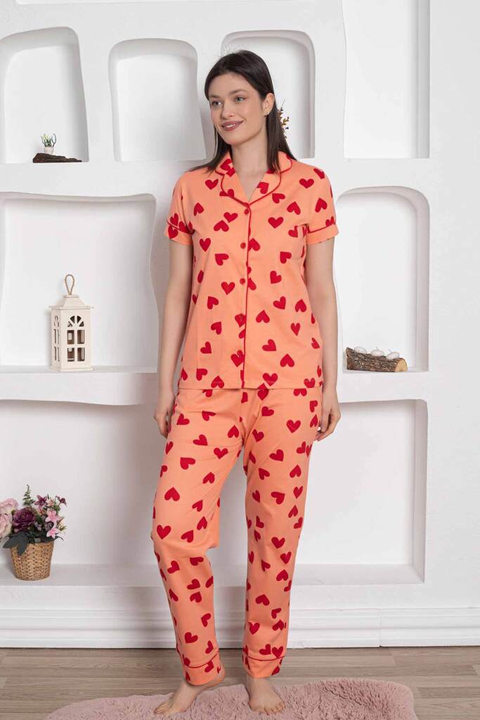 Önden Düğmeli Kadın Pijama Takımı - Somon Kalp desenli Penye 2783KY - 1
