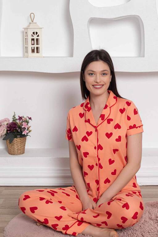Önden Düğmeli Kadın Pijama Takımı - Somon Kalp desenli Penye 2783KY - Alimer (1)