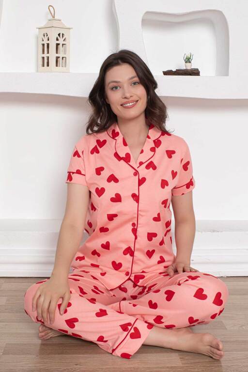 Önden Düğmeli Kadın Pijama Takımı - Pembe Kalp desenli Penye 2783KY - Alimer (1)
