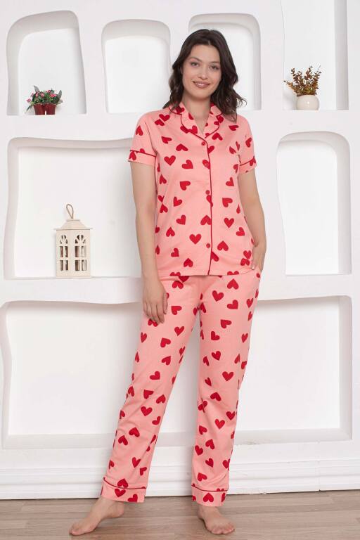 Önden Düğmeli Kadın Pijama Takımı - Pembe Kalp desenli Penye 2783KY - Alimer