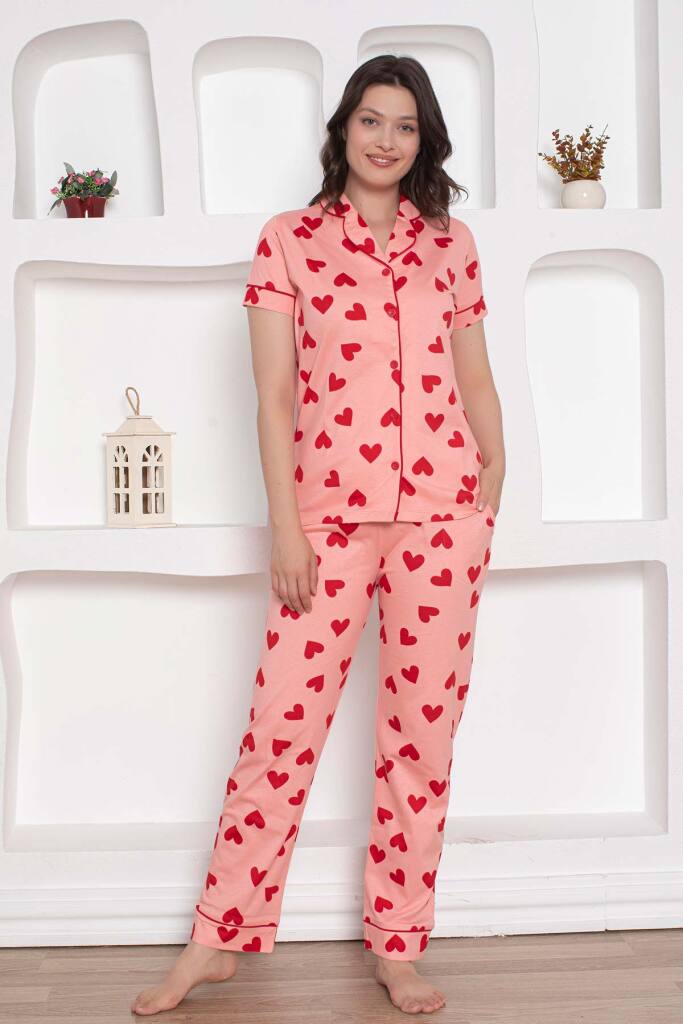 Önden Düğmeli Kadın Pijama Takımı - Pembe Kalp desenli Penye 2783KY - 1