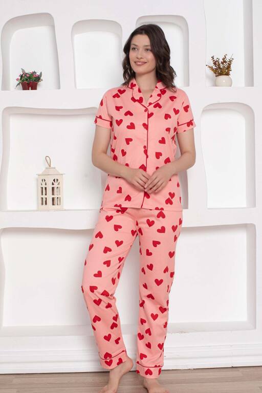 Önden Düğmeli Kadın Pijama Takımı - Pembe Kalp desenli Penye 2783KY - 3