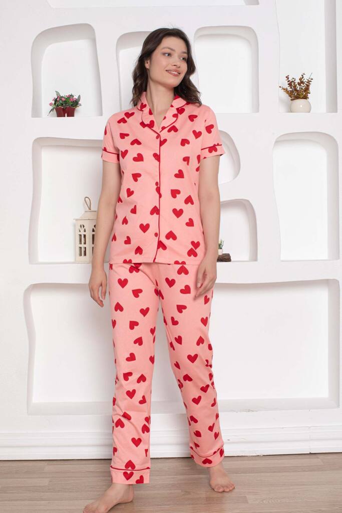 Önden Düğmeli Kadın Pijama Takımı - Pembe Kalp desenli Penye 2783KY - 4