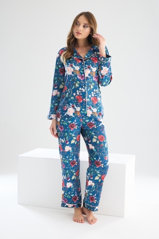 Perla Mavi İpek Saten Çiçek Desenli Kadın Pijama Takımı 8002MS - Miss Merveille