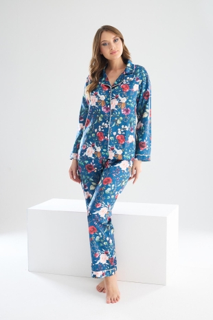 Perla Mavi İpek Saten Çiçek Desenli Kadın Pijama Takımı 8002MS - Miss Merveille (1)