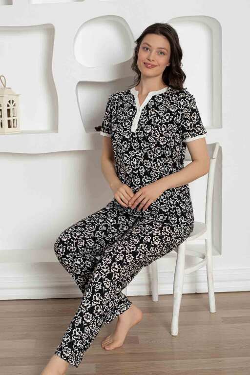 Siyah Çiçek Desenli Penye Bayan Pijama Takımı 2795KY - Alimer (1)