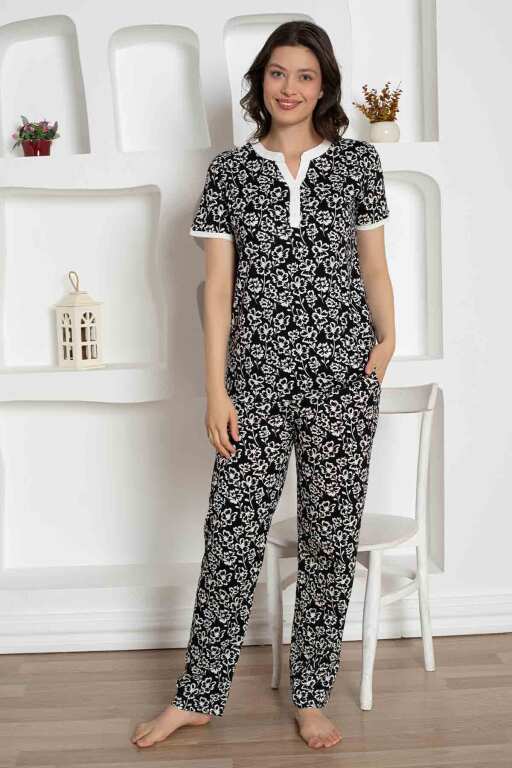 Siyah Çiçek Desenli Penye Bayan Pijama Takımı 2795KY - 4