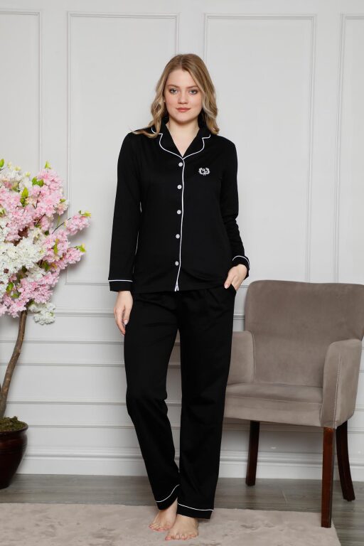 Bayan Pijama Takımı - Siyah Önden Düğmeli Uzun Kollu Likralı Penye 2577UY - 4