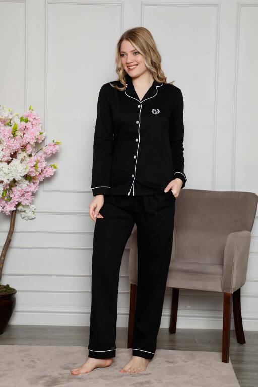 Bayan Pijama Takımı - Siyah Önden Düğmeli Uzun Kollu Likralı Penye 2577UY - 3