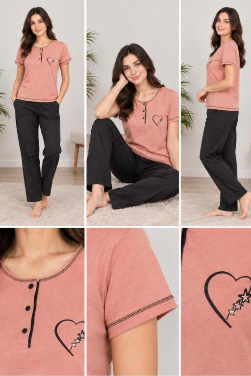 Somon Üç Düğmeli Nakışlı Bayan Pijama Takımı 2790KY - Alimer (1)