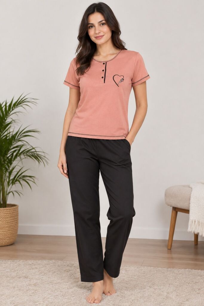 Somon Üç Düğmeli Nakışlı Bayan Pijama Takımı 2790KY - 1