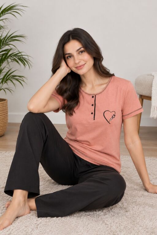 Somon Üç Düğmeli Nakışlı Bayan Pijama Takımı 2790KY - 3