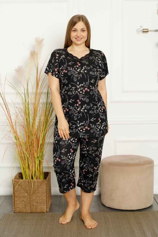 Büyük Beden Bahar Dalı Bermuda Bayan Pijama Takımı 2707BB - Alimer
