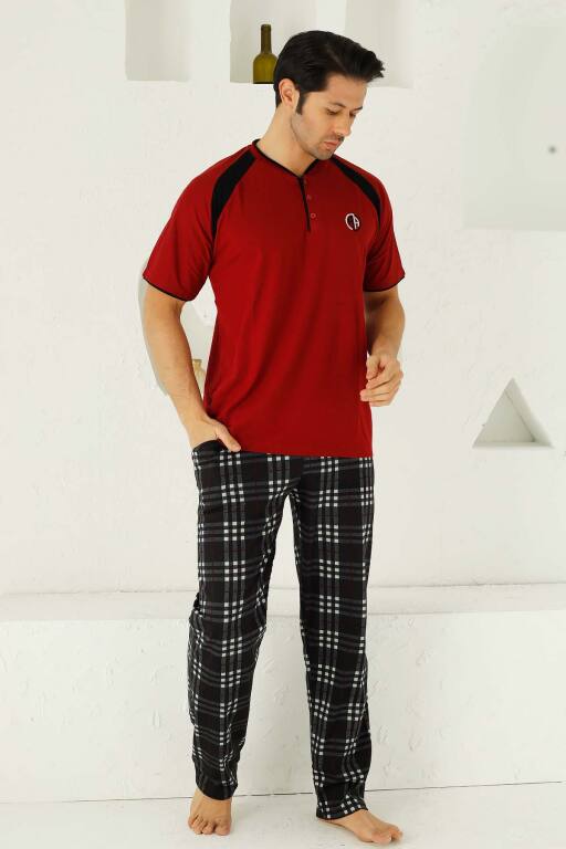 Bordo Ekoseli Kısa Kollu Erkek Pijama Takımı 1192KY - Alimer