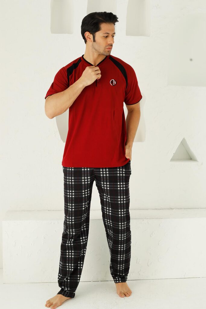 Bordo Ekoseli Kısa Kollu Erkek Pijama Takımı 1192KY - 2