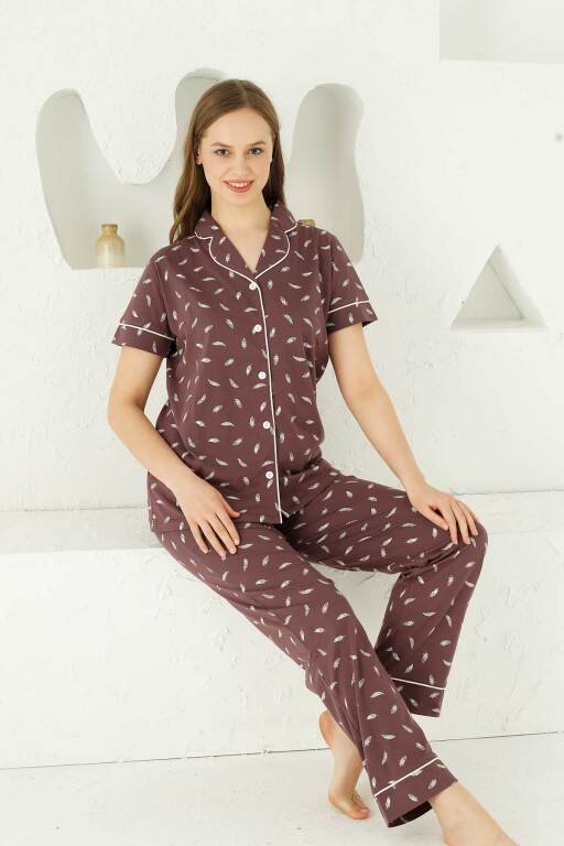 Mürdüm Önden Düğmeli Kısa Kollu Bayan Pijama Takımı 2732KY - 2