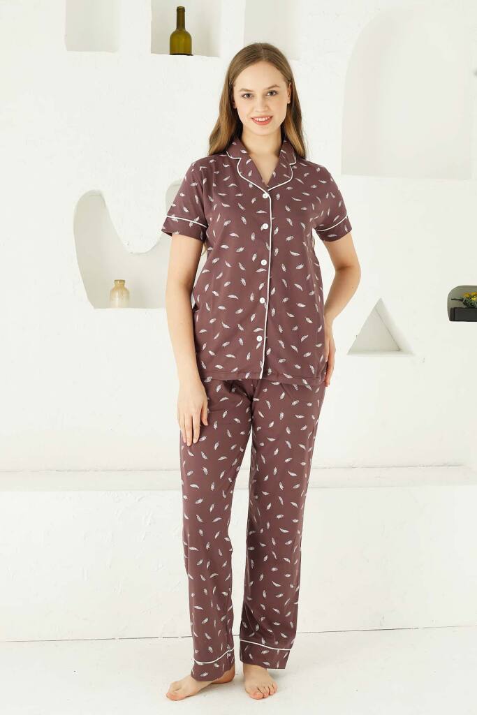 Mürdüm Önden Düğmeli Kısa Kollu Bayan Pijama Takımı 2732KY - 3